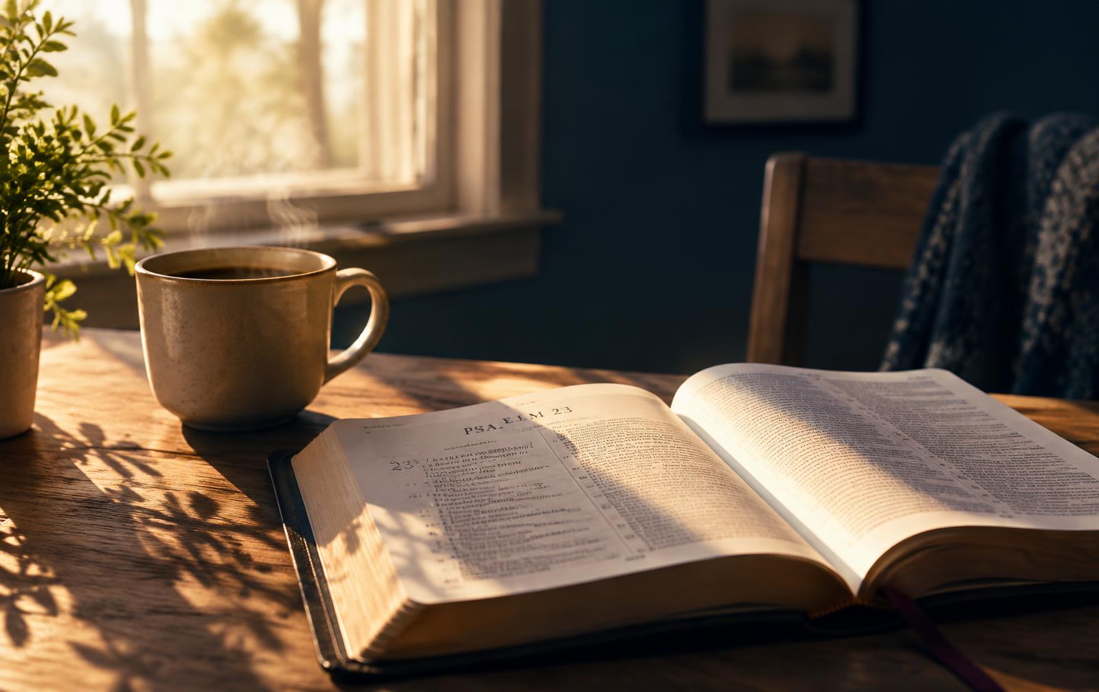 An open Bible beside a cup of coffee in morning light